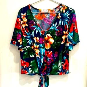 Floral Print V-Neck  Tie-Front Top